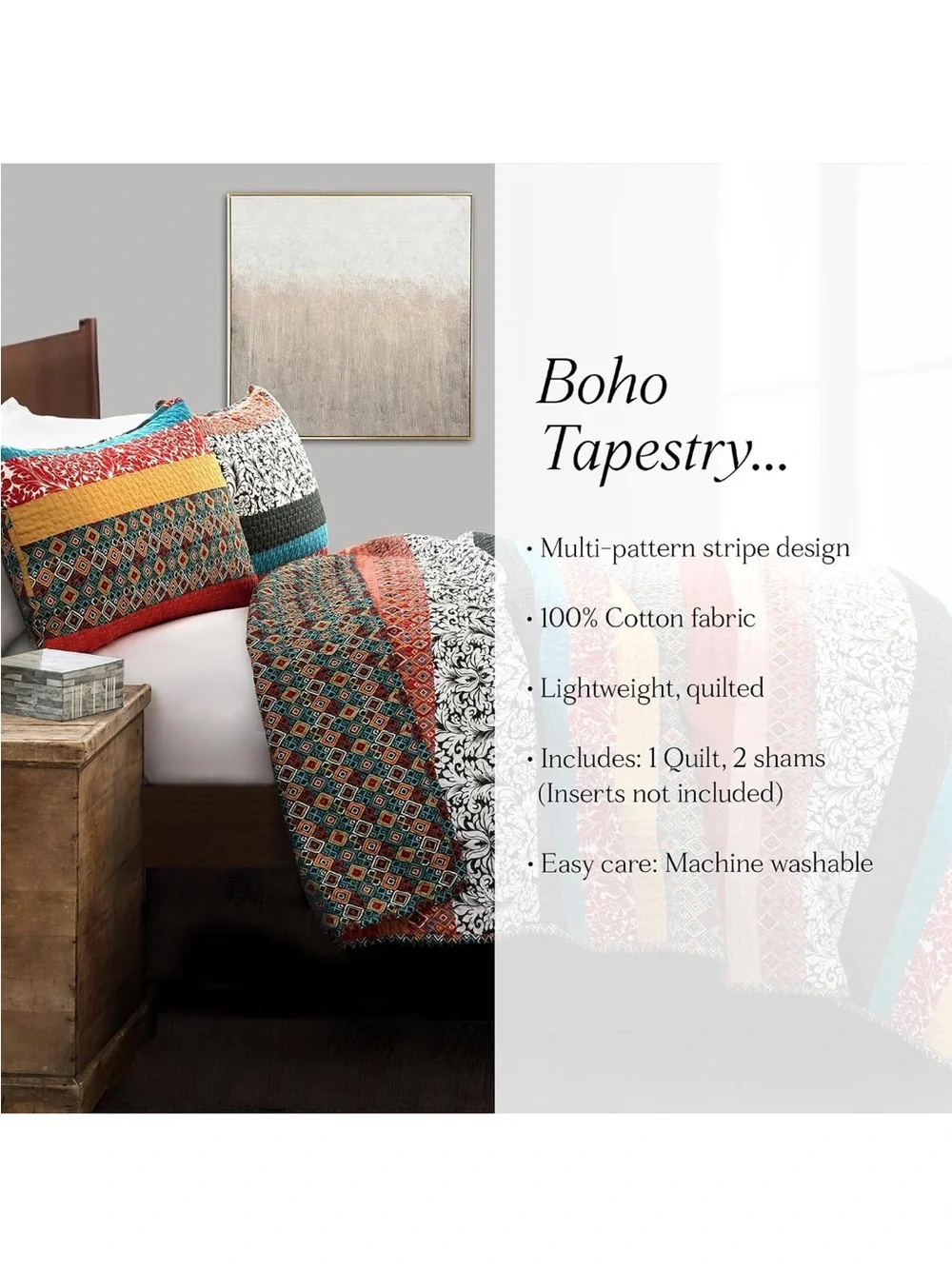 Lush Decor Boho Stripe Reversible Cotton Quilt Set - Bold Colorful Bohemian Bed